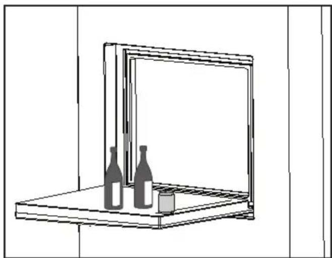 Line drawing of a window with two bottles on top and a small box beside it (no text or symbols)