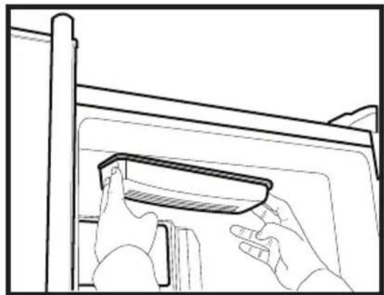 Line drawing of hands installing or adjusting a component on a cabinet (no text or symbols)