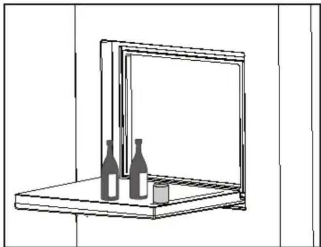 Line drawing of a window with two bottles and a small cylinder on a shelf (no text or symbols)