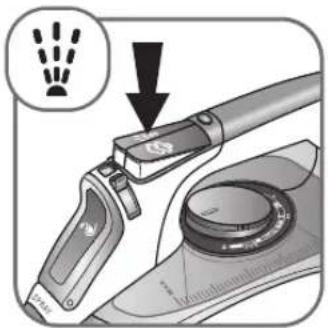 Diagram showing a hand tool interacting with a device, with an icon indicating a warning or alert symbol.