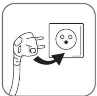 Diagram showing a plug with three probes connected to an electrical outlet, with a circular icon indicating sound or noise.