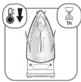 Diagram illustrating heat transfer process with thermometer, downward arrow, and 1h hour mark