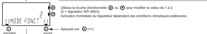 Utilisez la touche directionnelle ou pour modifier la valeur de 1 à 2. (2 = régulateur WD défini). Activation immédiate du régulateur dépendant des conditions climatiques extérieures. ((MODE FONCT)) Appuyez sur (>>)