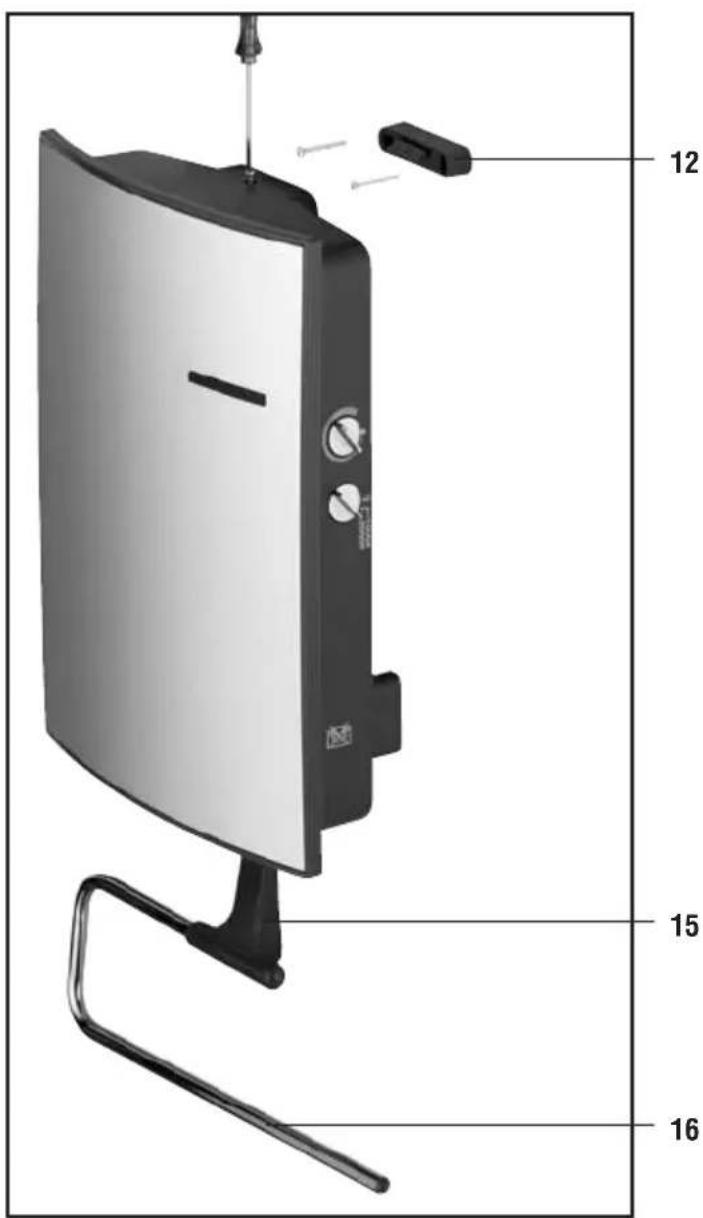 Labeled diagram of a device with numbered parts, showing internal components and assembly structure