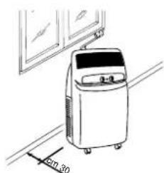 Line drawing of a small electronic device on a hallway, with a wall-mounted cabinet and a speed limit sign (no text or symbols present)