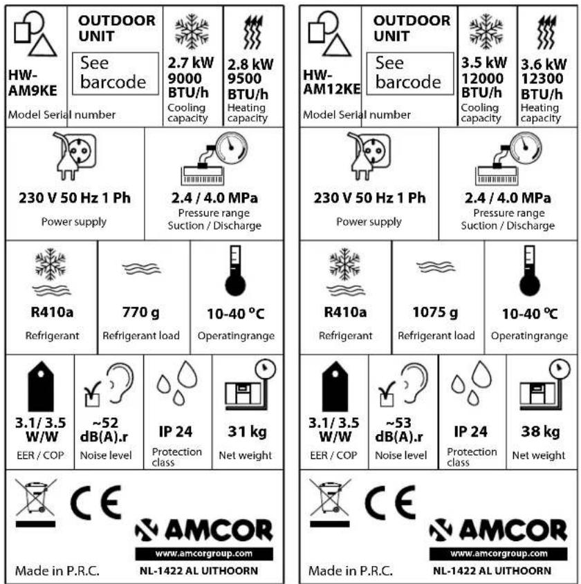 HW-AM9KE Model Serial number OUTDOOR UNIT See barcode 2.7 kW 9000 BTU/h Cooling capacity 2.8 kW 9500 BTU/h Heating capacity 230 V 50 Hz 1 Ph Power supply 2.4 / 4.0 MPa Pressure range Suction / Discharge R410a Refrigerant 770 g Refrigerant load 10-40 °C Operatingrange 3.1/ 3.5 W/W EER / COP ~52 dB(A).r Noise level IP 24 Protection class 31 kg Net weight Made in P.R.C. NL-1422 AL UITHOORN OUTDOOR UNIT See barcode Model Serial number 3.5 kW 12000 BTU/h Cooling capacity 3.6 kW 12300 BTU/h Heating capacity 230 V 50 Hz 1 Ph Power supply 2.4 / 4.0 MPa Pressure range Suction / Discharge R410a Refrigerant 1075 g Refrigerant load 10-40 °C Operatingrange 3.1/ 3.5 W/W EER / COP ~53 dB(A).r Noise level IP 24 Protection class 38 kg Net weight Made in P.R.C. NL-1422 AL UITHOORN