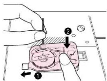 Diagram showing a hand using a tool to adjust a component, labeled with parts 1 and 2, and directional arrows.