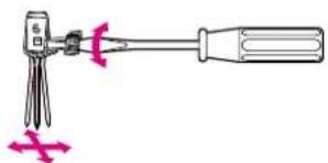 Diagram showing a screwdriver with a probe and a tool, marked with pink X symbols indicating alignment or error.
