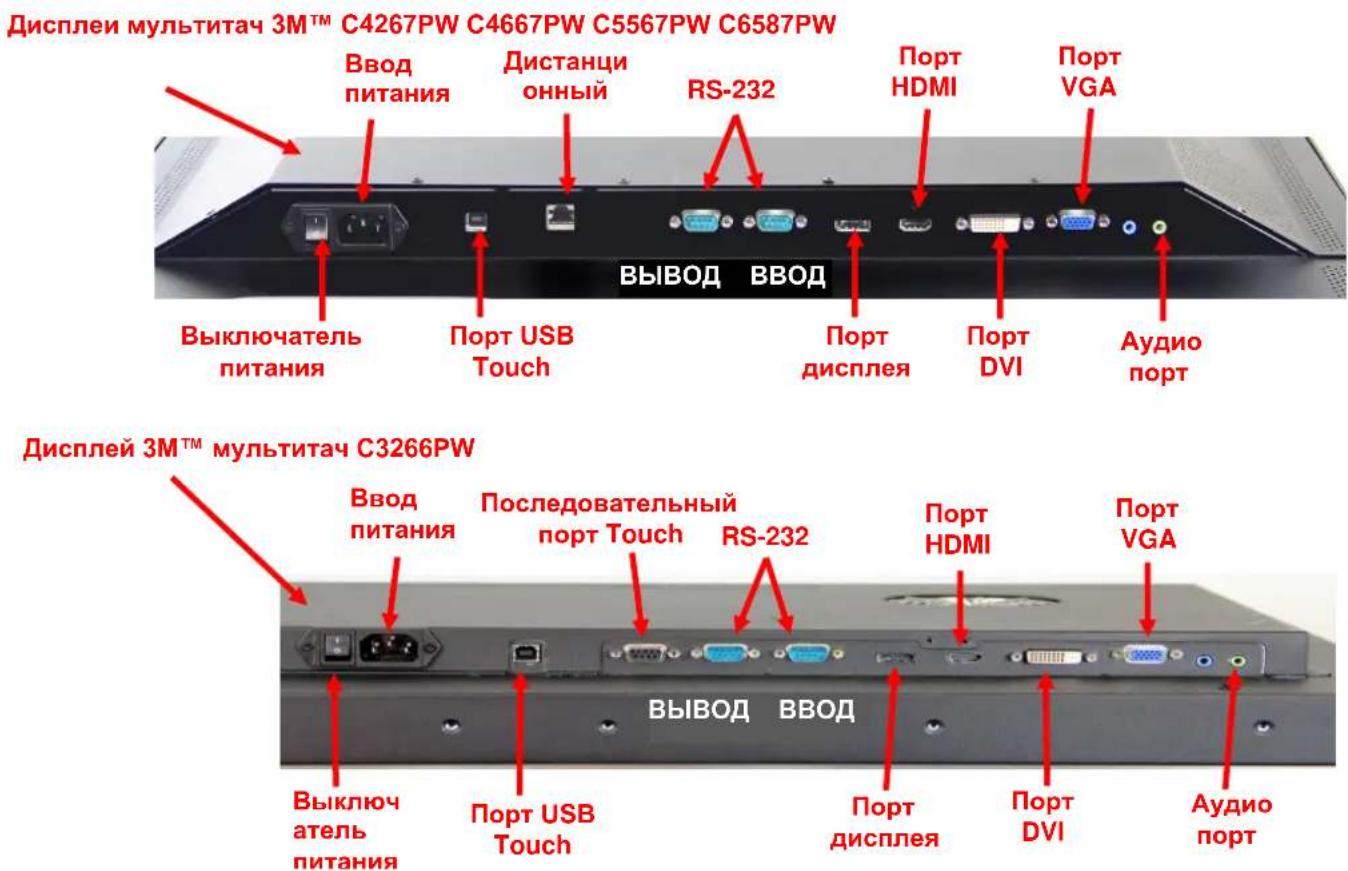 Дисплеи мультитач 3М™ C4267PW C4667PW C5567PW C6587PW Ввод питания Дистанци онный RS-232 Порт HDMI Порт VGA ВЫВОД ВВОД Выключатель питания Порт USB Touch Порт дисплея Порт DVI Аудио порт Дисплеи 3М™ мультитач C3266PW Ввод питания Последовательный порт Touch RS-232 Порт HDMI Порт VGA ВЫВОД ВВОД Выключатель питания Порт USB Touch Порт дисплея Порт DVI Аудио порт