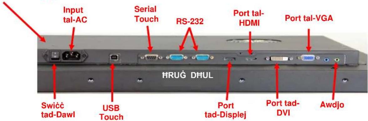 Input tal-AC Serial Touch RS-232 Port tal- HDMI Port tal-VGA Swićc tad-Dawl USB Touch Port tad-Displej Port tad- DVI Awdjo HRUG DHUL