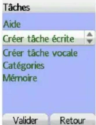Tâches Aide Créer tâche écrite Créer tâche vocale Catégories Mémoire Valider Retour