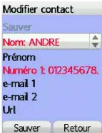 Modifier contact Sauver Nom: ANDRE Prénom Numéro 1: 012345678. e-mail 1 e-mail 2 Url Sauver Retour