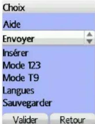 Choix Aide Envoyer Insérer Mode 123 Mode T9 Langues Sauvegarder Valider Retour