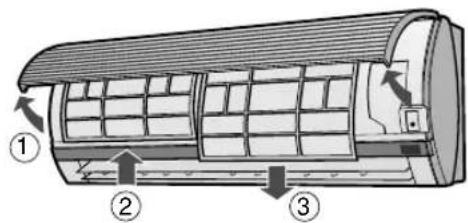 Diagram of an air conditioner unit with labeled parts and airflow direction arrows