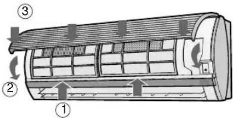 Technical diagram of an air conditioner unit with numbered parts and airflow indicators