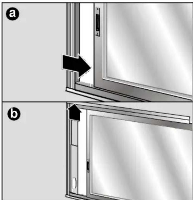 Diagram showing two steps (a and b) of a door opening with an arrow indicating direction, labeled in Chinese.