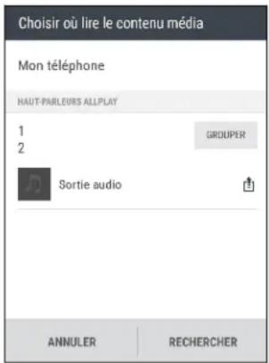 Choisir où lire le contenu média Mon téléphone HAUT-PARLEURS ALL-PLAY 1 2 GROUPELER Sortie audio ANNULER RECHERCER