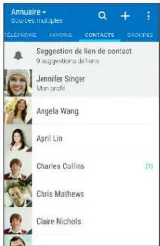 Annuaire Sources multiples TÉLEPHONE FAVORIS CONTACTS GROURES Suggestion de lien de contact 9 suggestions de liens Jennifer Singer Mon profil Angela Wang April Lin Charles Collins (1) Chris Mathews Claire Nichols