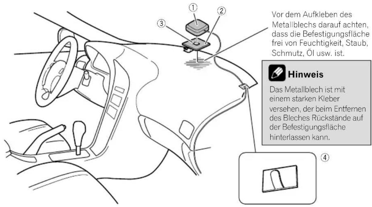 Vor dem Aufkleben des Metallblechs darauf achten, dass die Befestigungsfläche frei von Feuchtigkeit, Staub, Schmutz, Öl usw. ist. Hinweis Das Metallblech ist mit einem starken Kleber versehen, der beim Entfernen des Bleches Rückstände auf der Befestigungsfläche hinterlassen kann.