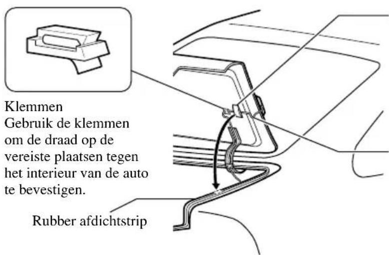 Klemmen Gebruik de klemmen om de draad op de vereiste plaatsen tegen het interieur van de auto te bevestigen. Rubber afdichtstrip