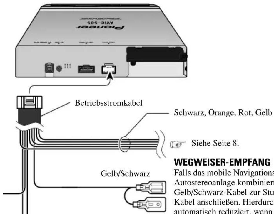 Pioneer AVIC-505 Betriebsstromkabel Schwarz, Orange, Rot, Gelb Siehe Seite 8. Gelb/Schwarz WEGWEISER-EMPFANG Falls das mobile Navigations Autostereoanlage kombiniert Gelb/Schwarz-Kabel zur Stu Kabel anschließen. Hierdurch automatisch reduziert, wenn