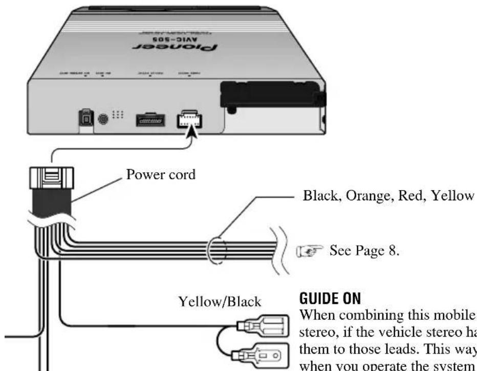 Pioneer AVIC-505 Power cord Black, Orange, Red, Yellow See Page 8. Yellow/Black GUIDE ON When combining this mobile stereo, if the vehicle stereo has them to those leads. This way when you operate the system