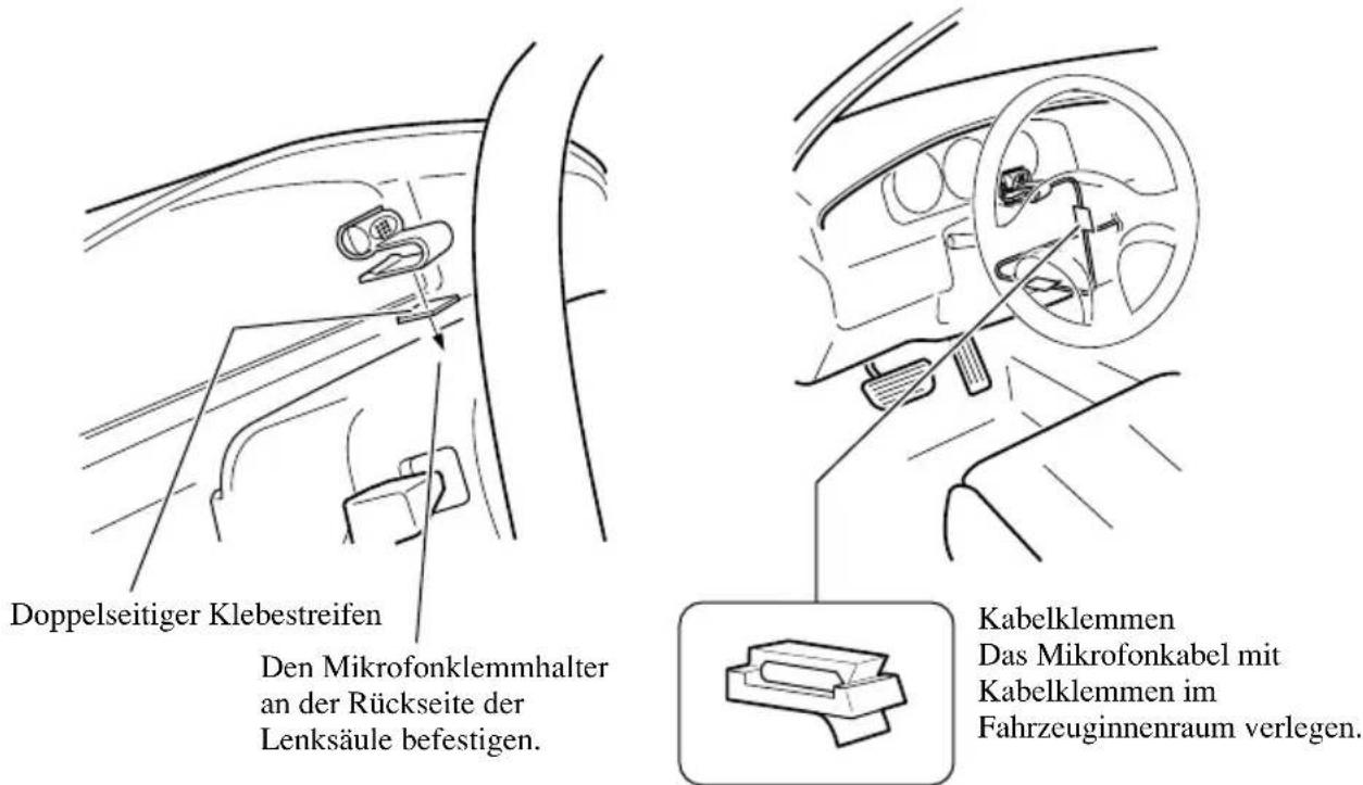Doppelseitiger Klebestreifen Den Mikrofonklemmhalter an der Rückseite der Lenksäule befestigen. Kabelklemmen Das Mikrofonkabel mit Kabelklemmen im Fahrzeuginnenraum verlegen.