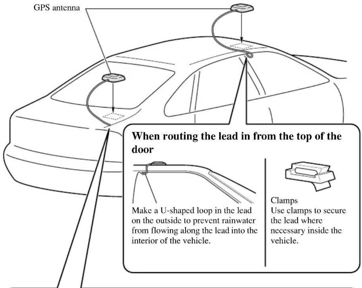 GPS antenna When routing the lead in from the top of the door Make a U-shaped loop in the lead on the outside to prevent rainwater from flowing along the lead into the interior of the vehicle. Clamps Use clamps to secure the lead where necessary inside the vehicle.