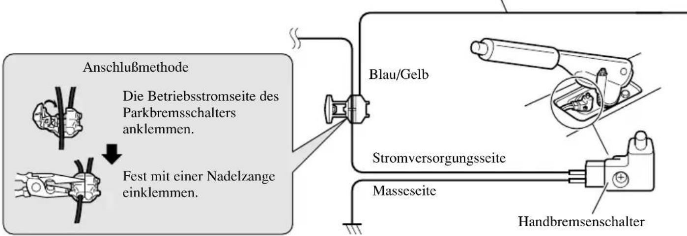 Anschlußmethode Die Betriebsstromseite des Parkbremsschalters anklemmen. Fest mit einer Nadelzange einklemmen. Blau/Gelb Stromversorgungsseite Masseseite Handbremsenschalter