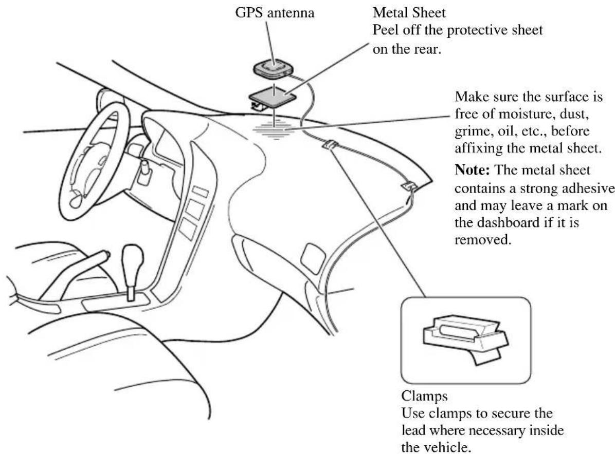 GPS antenna Metal Sheet Peel off the protective sheet on the rear. Make sure the surface is free of moisture, dust, grime, oil, etc., before affixing the metal sheet. Note: The metal sheet contains a strong adhesive and may leave a mark on the dashboard if it is removed. Clamps Use clamps to secure the lead where necessary inside the vehicle.
