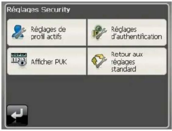 Réglages Security Réglages de profil actifs Réglages d'authentication Afficher PUK Retour aux réglages standard