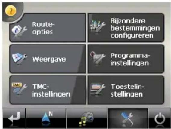 Route- opties Bijzondere bestemmingen configureren Weergave Programma- instellingen TMC- instellingen Toestelin- stellingen