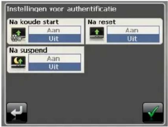 Instellingen voor authentificatie Na koude start Aan Uit Na reset Aan Uit Na suspend Aan Uit