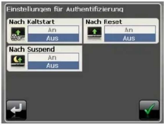 Einstellungen für Authentifizierung Nach Kaltstart An Aus Nach Reset An Aus Nach Suspend An Aus