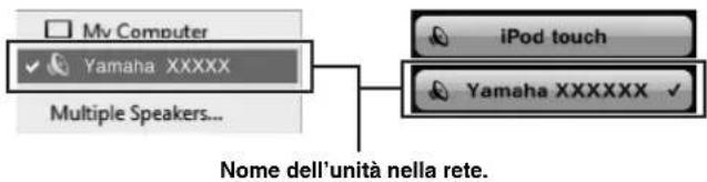 YAMAHA RN301S - Sull'iPod/iTunes,fare clic (toccare)sull'icona AirPlay e selezionare I'unita (nome dell'unita nella rete)come dispositivo di uscita audio. - 1