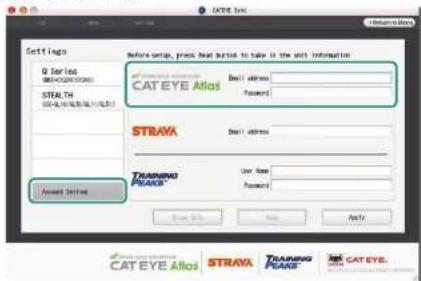 CAT EYE Stealth evo plus CCGL51 - Cliquez sur [Account setting] et entrez votre adresse e-mail et votre mot de passer - 1