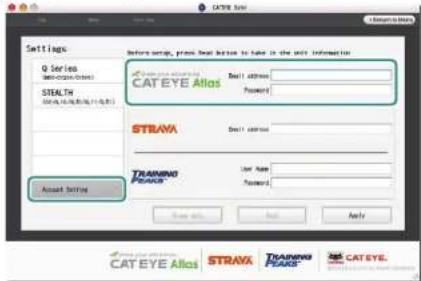 CAT EYE Stealth evo CCGL11 - Cliquez sur [Account setting] et entrez votre adresse e-mail et vous moi de passer - 1