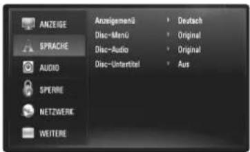 ANZEIGE SPRACHE AUDIO SPERRE NETZWERK WEITERE Anzelgemanü Disc-Menu Disc-Audio Disc-Untertitel Deutsch Original Original Aus