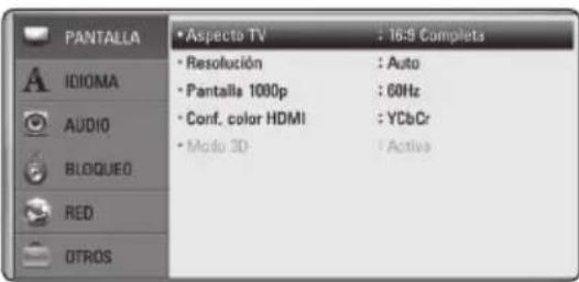 PANTALLA • Aspecto TV : 16:9 Complets • Resolución : Auto • Pantalla 1000p : 60Hz • Conf. color HDMI : YCbCr • Modo 3D - : Active IDIOMA AUDIO BLOQUEO RED OTROS