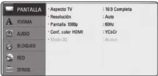 PANTALLA • Aspecto TV : 16:3 Completa • Resolución : Auto • Pantalla 1080p : 60Hz • Conf. color HDMI : YCbCr • Mode 2D : Activa • AUDIO BLOQUED RED OTROS