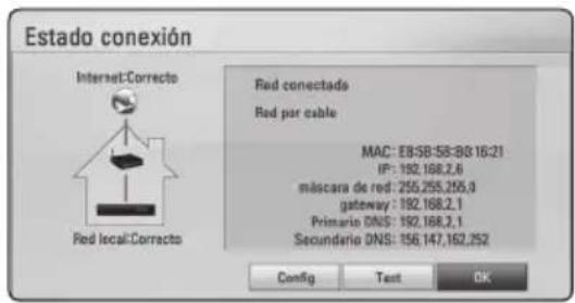 Estado conexión Internet:Correcto Red local:Correcto Red conectado Red par cable MAC: E8:5B:58:80:16:21 IP: 192.168.2.6 máscara de red: 255.255.255.0 gateway: 192.168.2.1 Primario DNS: 192.168.2.1 Secundario DNS: 156.147.162.252 Config Text OK