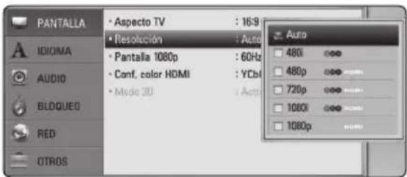 PANTALLA • Aspecto TV : 16:9 • Resolución : Auto • Pantalla 1080p : 60Hz • Conf, color HDMI : YCb • Mode 3D : Auto Auto 480i 480p 720p 1080i 1080p IDIOMA AUDIO BLOQUEO RED OTROS