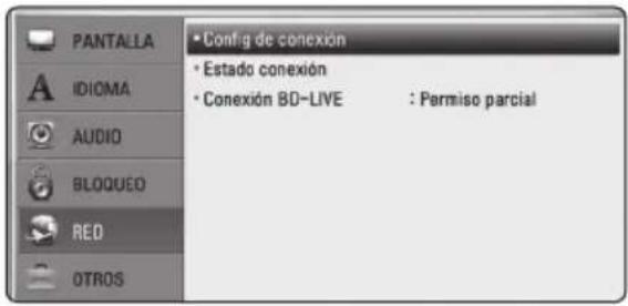 PANTALLA IDIOMA AUDIO BLOQUEO RED OTROS Config de conexión Estado conexión Conexión BD-LIVE : Permiso parcial
