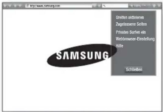 http://www.samsung.com Greifen aktivieren Zugelassene Seiten Privates Surfen ein Webbrowser-Einstellung Hilfe Schließen