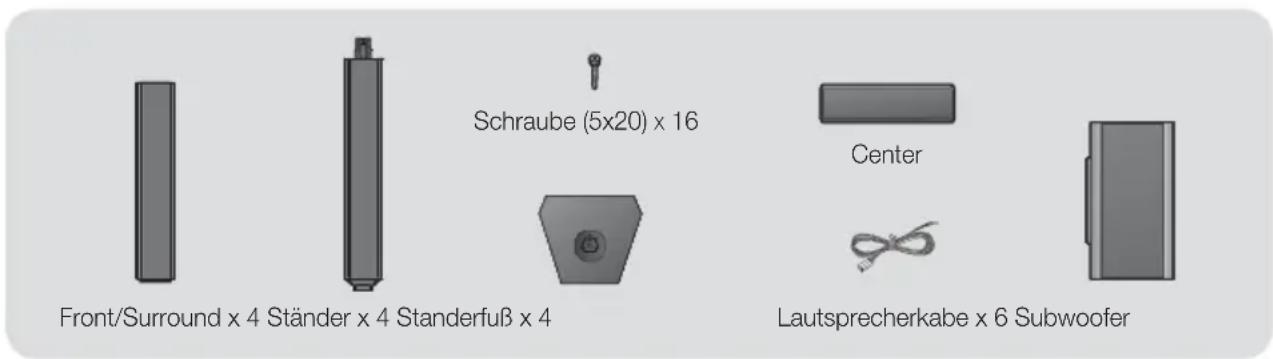 Front/Surround x 4 Ständer x 4 Standerfuß x 4 Schraube (5x20) x 16 Center Lautsprecherkabe x 6 Subwoofer