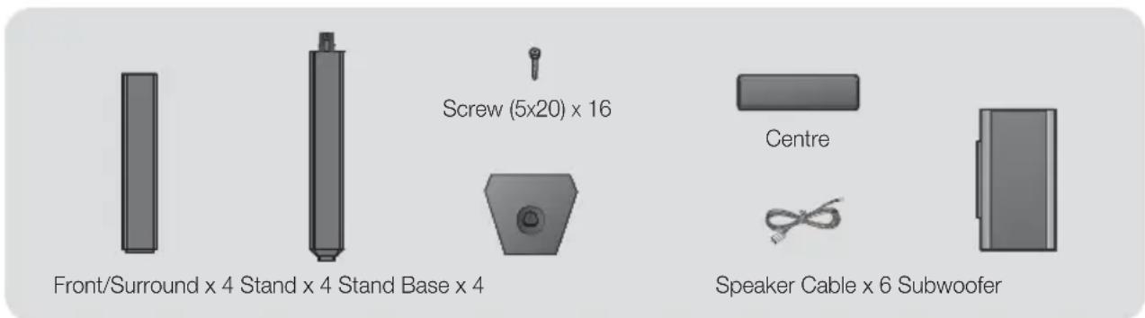Front/Surround x 4 Stand x 4 Stand Base x 4 Screw (5x20) x 16 Centre Speaker Cable x 6 Subwoofer