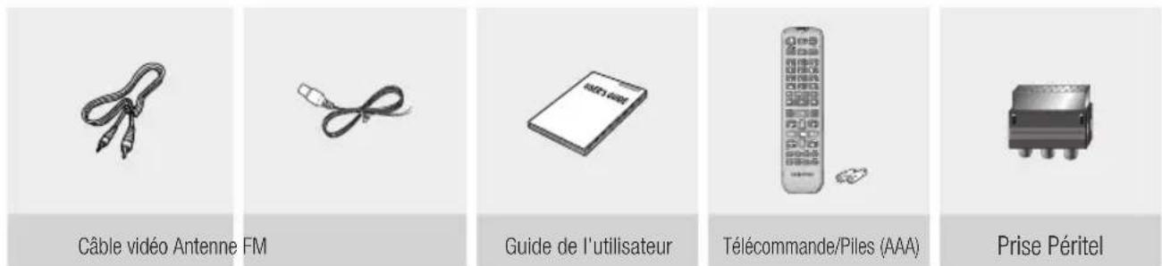 Câble vidéo Antenne FM Guide de l'utilisateur Télécommande/Piles (AAA) Prise Péritel