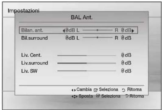 Impostazioni BAL Ant. Bilan. ant. 0dB L R 0 dB Bil.surround 0dB L R 0 dB Liv. Cent. 0dB Liv.surround 0dB Liv. SW 0dB Cambia Seleziona Ritoma Sposta Seleziona Ritoma