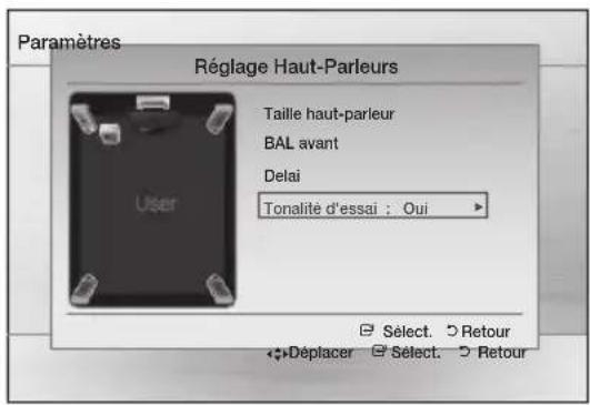 Paramètres Réglage Haut-Parleurs Taille haut-parleur BAL avant Delai Tonalité d'essai : Oui User Sélect. Retour Déplacer SÉlect. Retour