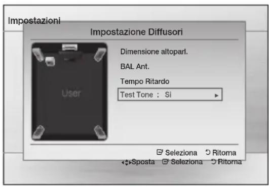 Impostazioni Impostazione Diffusori Dimensione altoparl. BAL Ant. Tempo Ritardo Test Tone : Si User Seleziona Rritorna Sposta Seleziona Rritorna